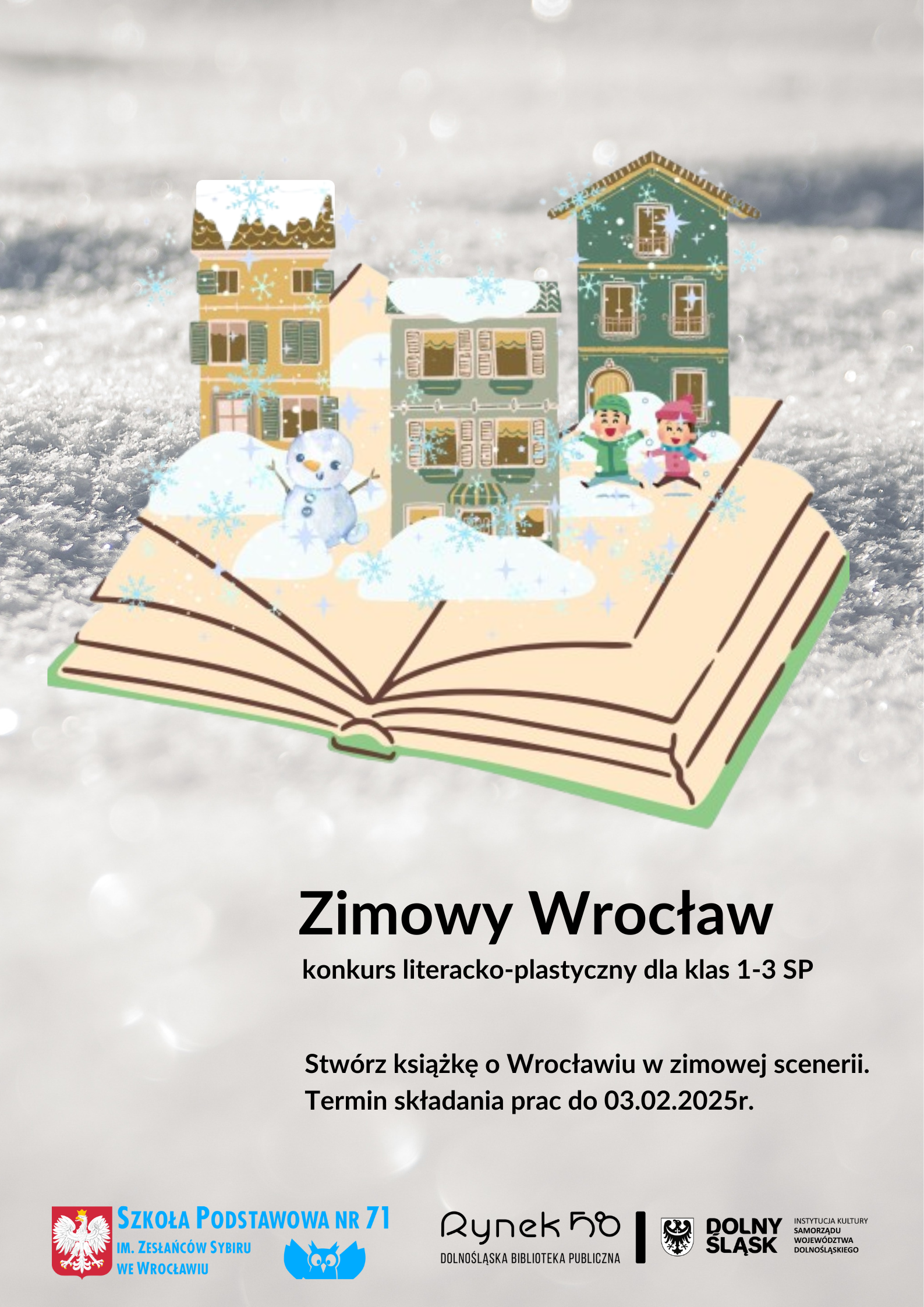 plakat przedstawia otwartą ksiażkę, na której stoją bałwanki i kamieniczki.