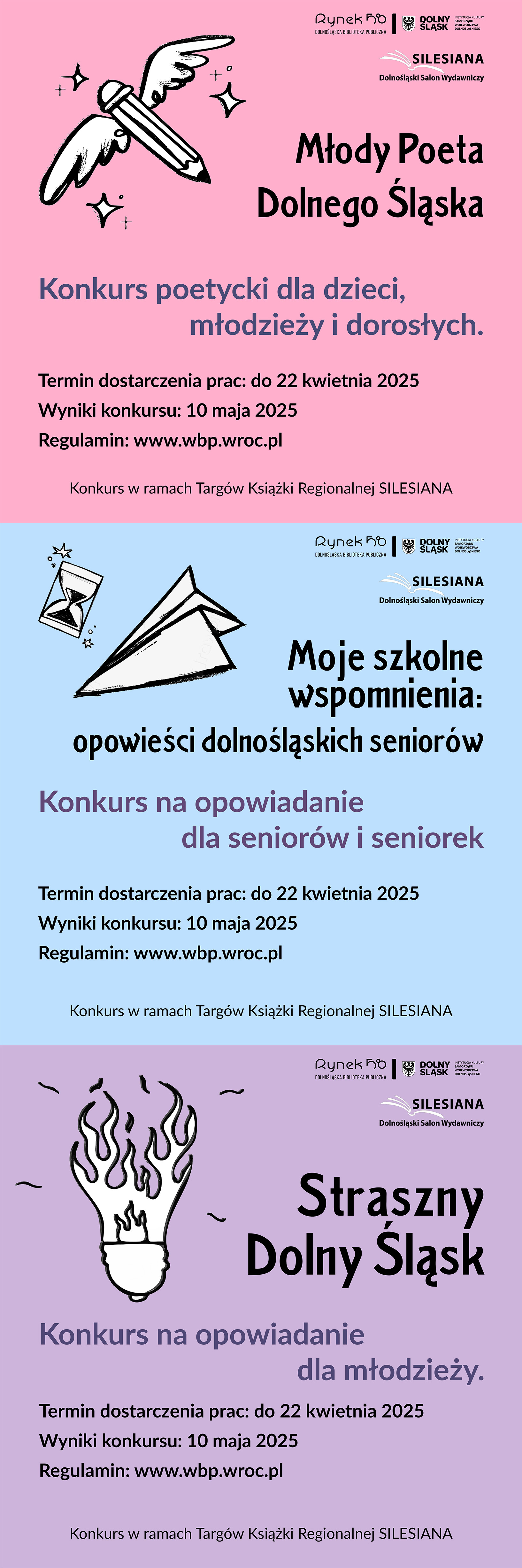 Plakat promujący trzy konkursy literackie w ramach Targów Książki Regionalnej Silesiana. Górny segment na różowym tle: Konkurs poetycki 